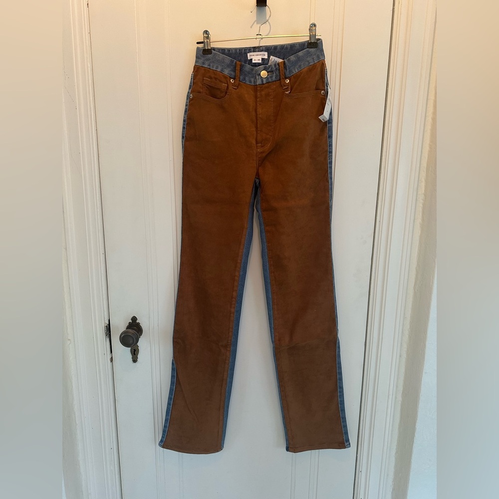 NWT GOOD AMERICAN Good Icon Suede Mixing Blue Denim Brown Suede 00